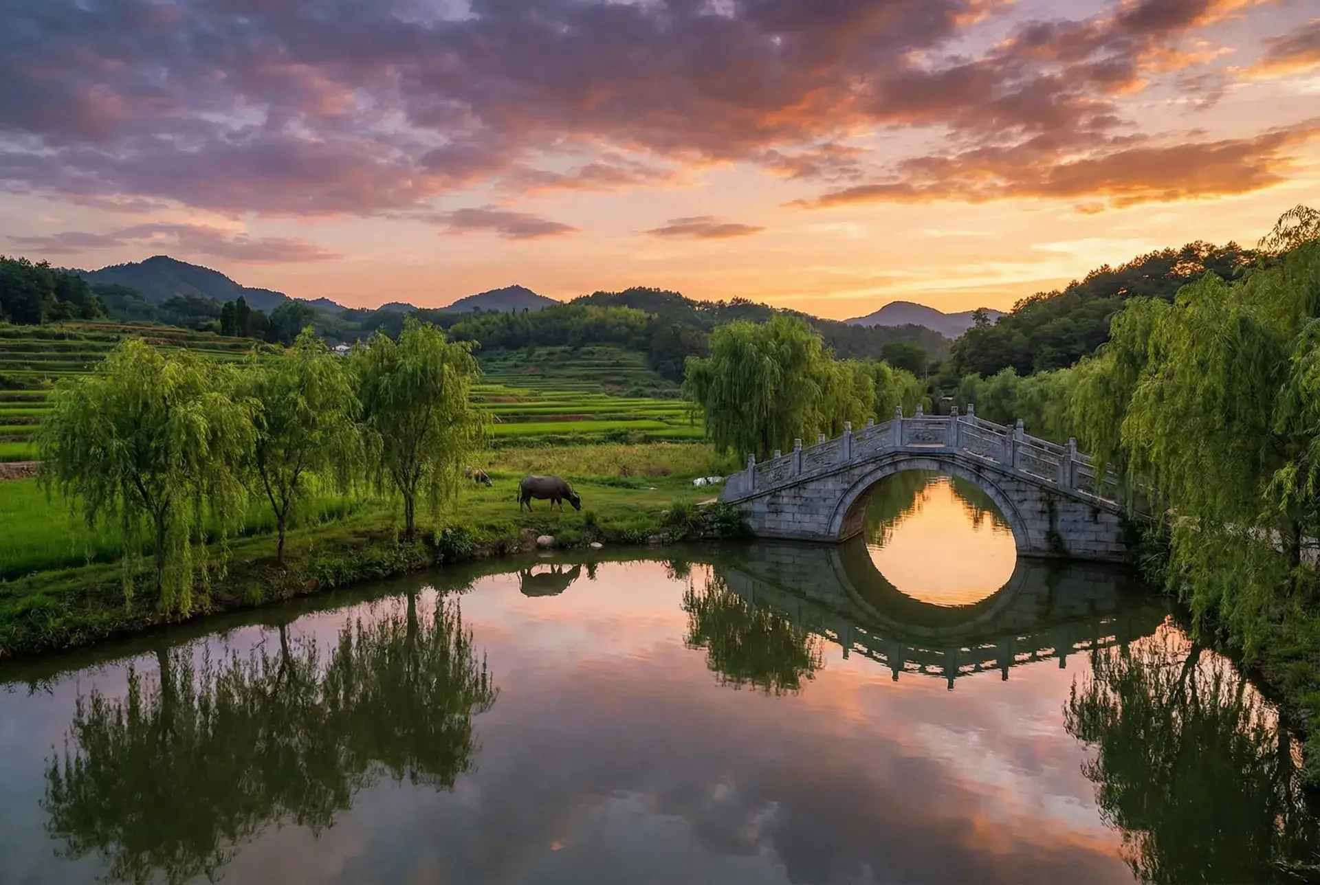 夕阳下的石拱桥与垂柳，水牛在河边吃草 - 如何将自己隐私玩到哭 乡村美景